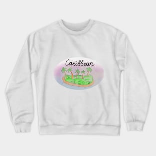 Caribbean watercolor Island travel, beach, sea and palm trees. Holidays and vacation, summer and relaxation Crewneck Sweatshirt